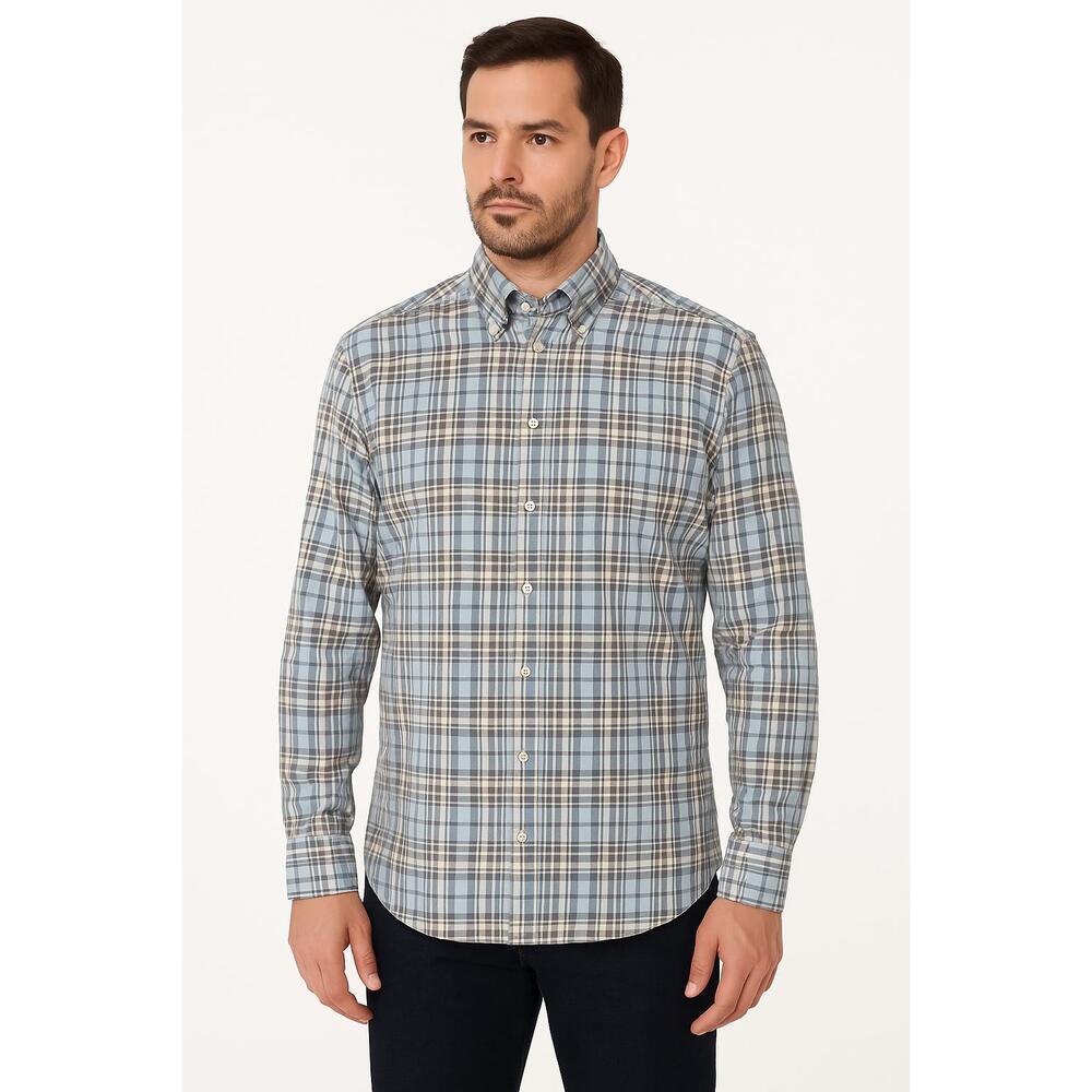 ETON Shirt Mens XL Blue Plaid ButtonDown Collar Long Sleeves Cotton Lyocell